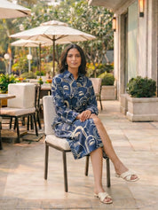 Navy Blue Abstract  Printed Bold Flower Russian Silk Midi Dress