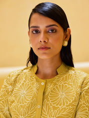 Yellow Embroidered Viscose Tunic With Flared Pant