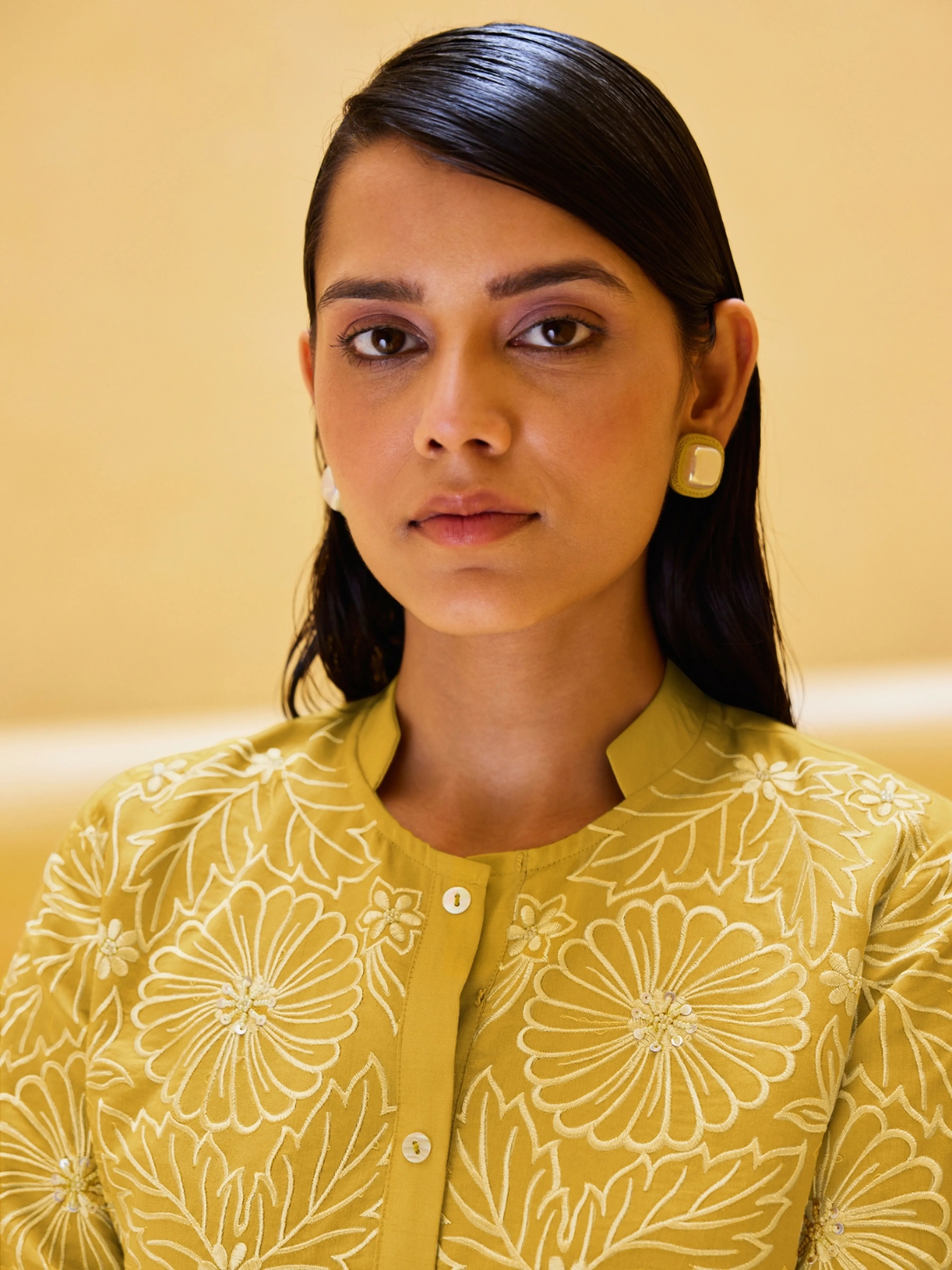 Yellow Embroidered Viscose Tunic With Flared Pant