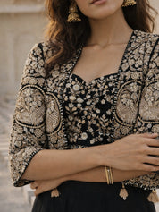 Black Embroidered Three-Piece Set with Cape Jacket & Tassel Details In Georgette & Chinon