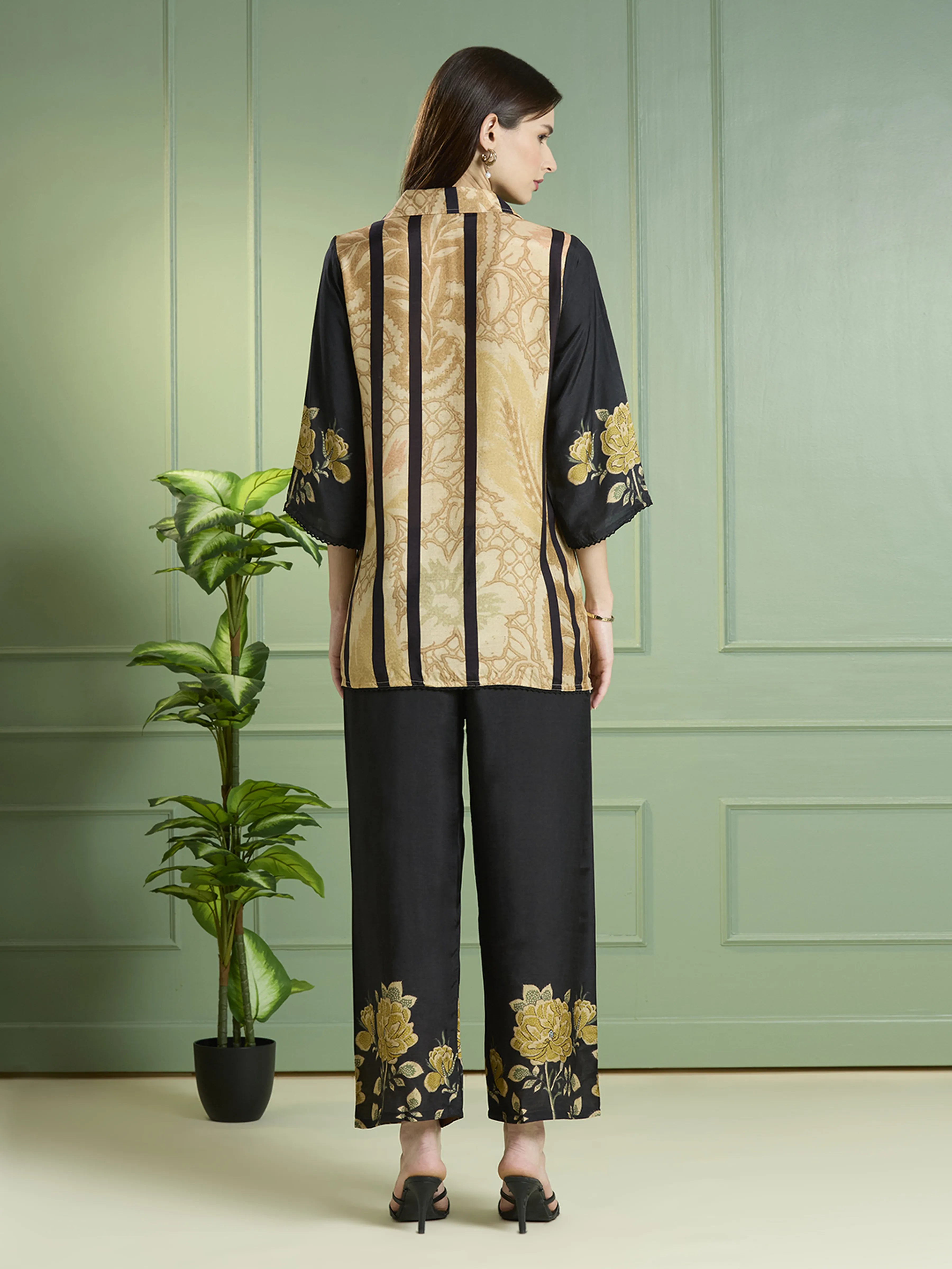 Black & Beige Floral Printed Co-ord Set in Viscose Muslin