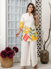 Cream Graphic Leaf Kurta & Wide-Leg Co-ord Set in Cotton Flex