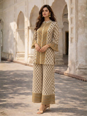 Butter Cream Lurex & Moti Embellished Muslin Co-ord Set with Flared Sleeves