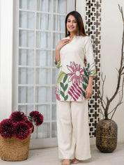 Cream Botanical Leaf Kurta & Wide-Leg Co-ord Set in Cotton Flex