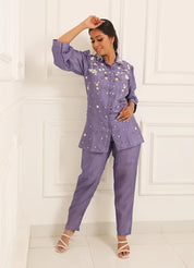 Purple Hand Embellished Pearl Thread Dola Silk Embroidered Shirt Co-ord Set