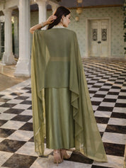 Olive Green Embroidered Three-Piece Set with Beaded Blouse, Tulip Skirt & Organza Cape Jacket