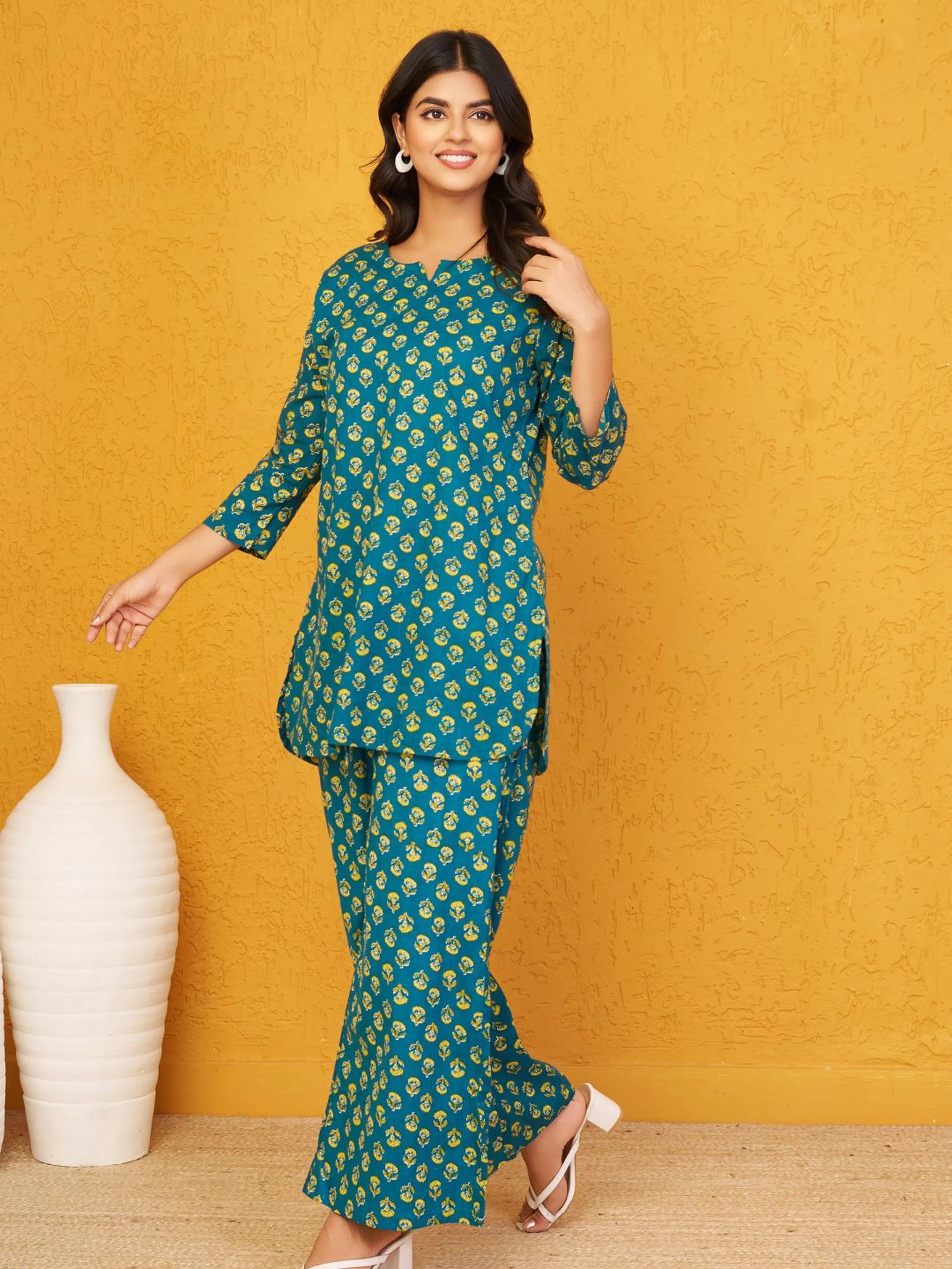 Green Floral Co-ord Set in Cotton Cambric