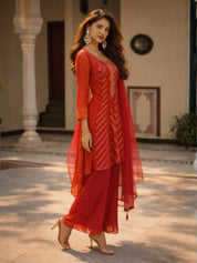 Crimson Orange Ombre Banarasi Brocade Kurti Set with Dupatta Golden Lurex & Tassel Tie-Back