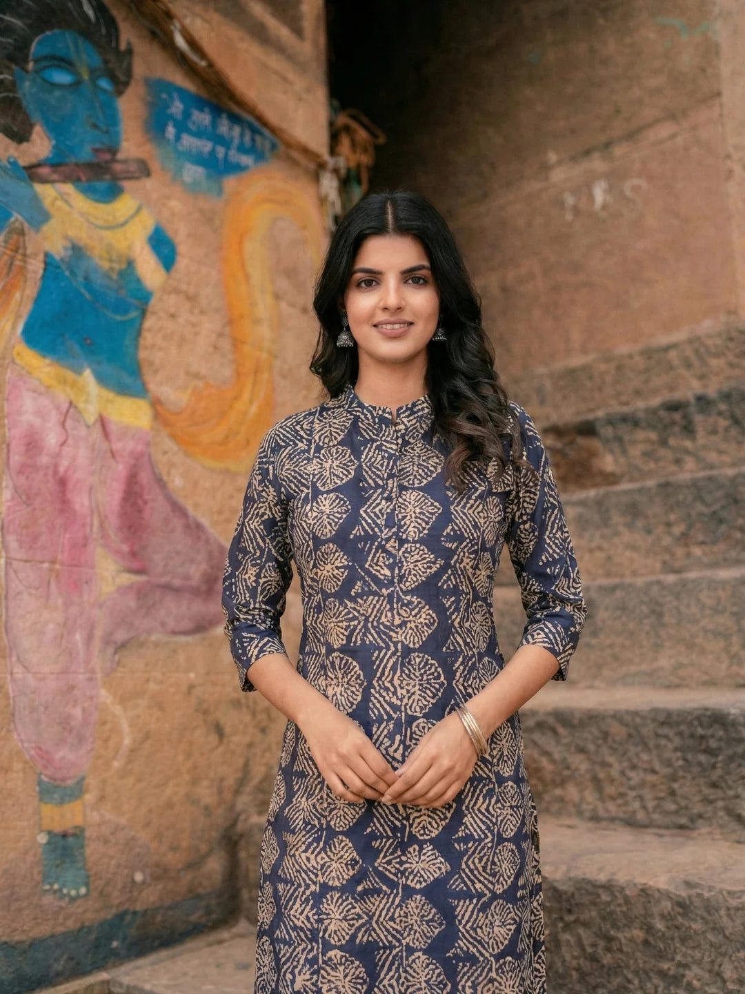 Deep Blue Leafy Block Print Cotton Kurta