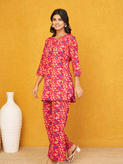 Raspberry Base Multicolor Floral Co-ord Set in Cotton Cambric