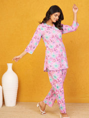 Plum Base Multi Color Floral Shirt Collar Cotton Cambric Co-ord Set