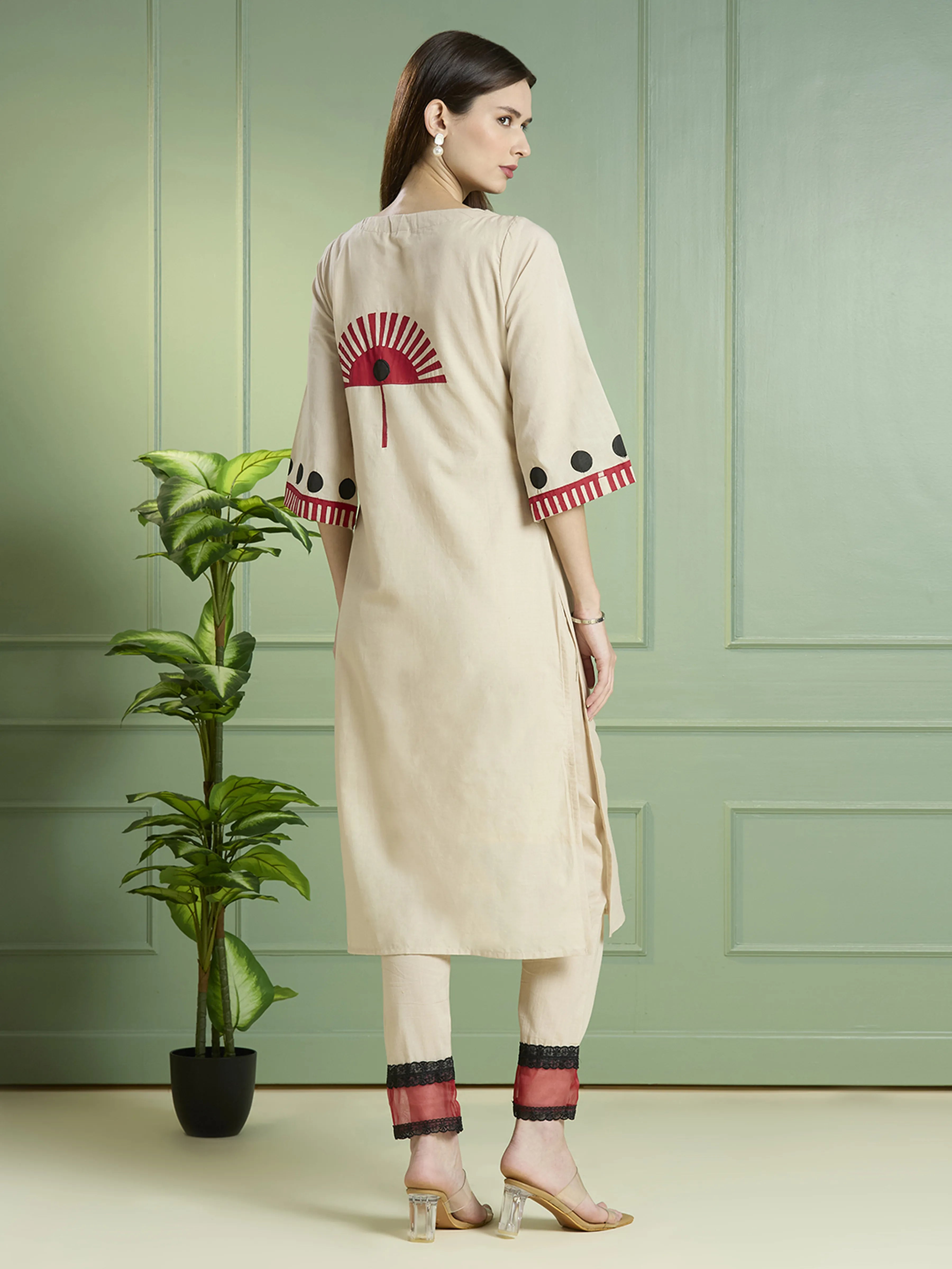 Beige Embroidered Motif Kurta Set in Cotton