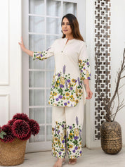 Cream Floral Placement Kurta & Wide-Leg Cotton Flex Co-ord Set