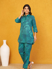 Dark Green Leaf Print Shirt Collar Cotton Cambric Co-ord Set