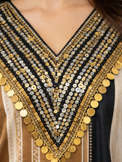 Khaki Brown, Black & Cream High-Low Co-ord Set with Metallic Tikli Embellishment