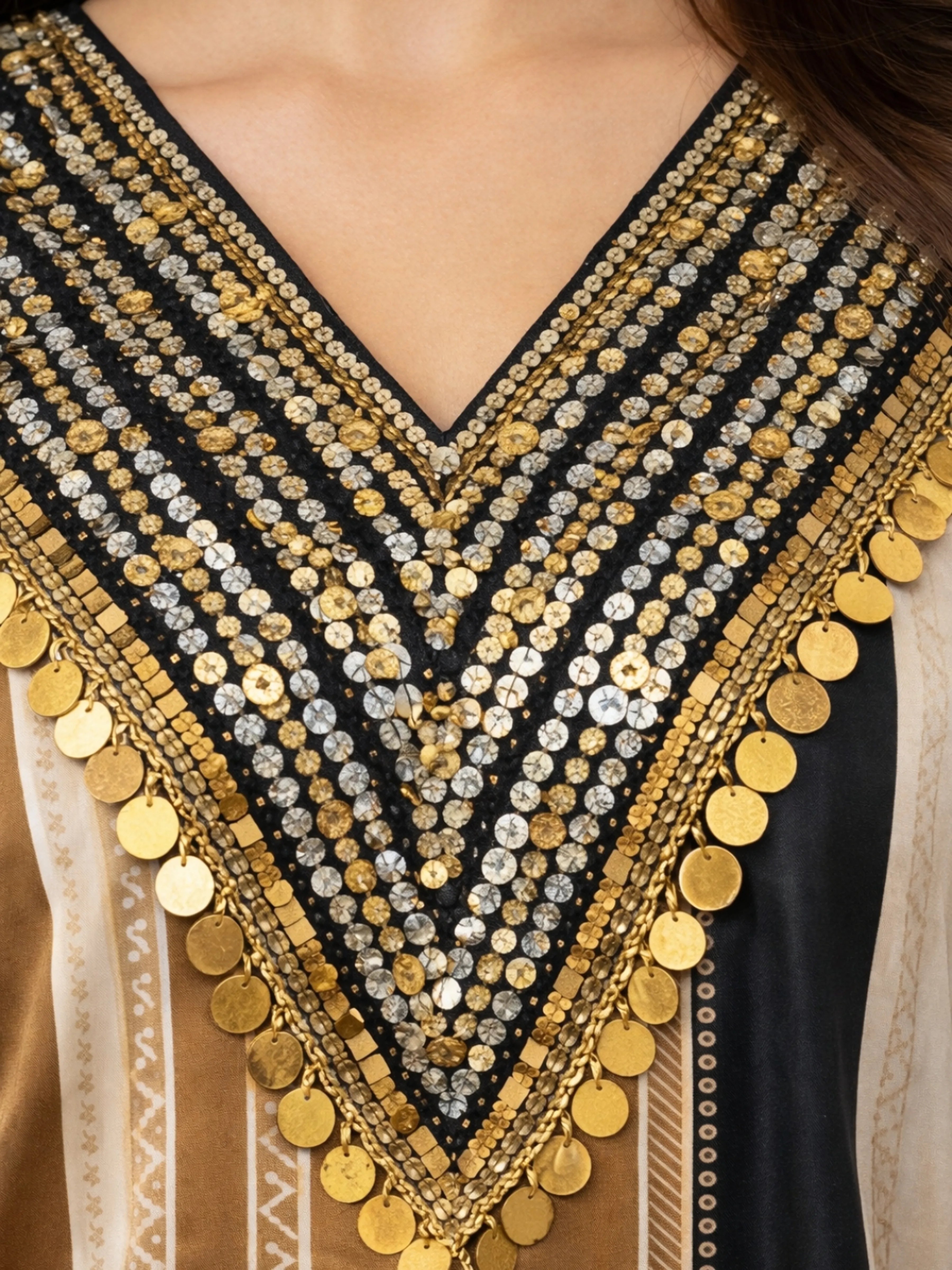 Khaki Brown, Black & Cream High-Low Co-ord Set with Metallic Tikli Embellishment