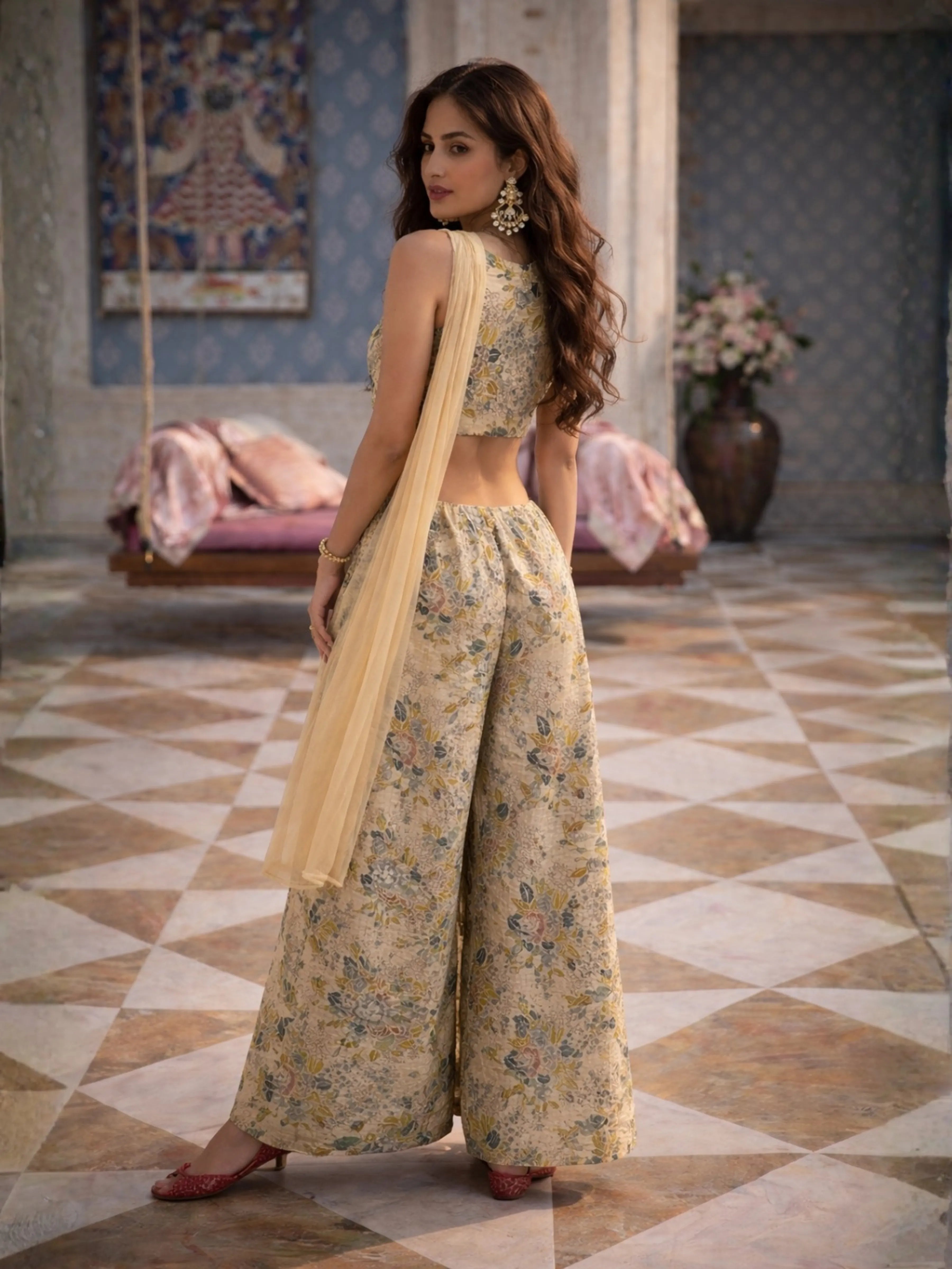 Beige Three-Piece Embellished Co-ord Set with Mirror Work & Chinon Palazzo