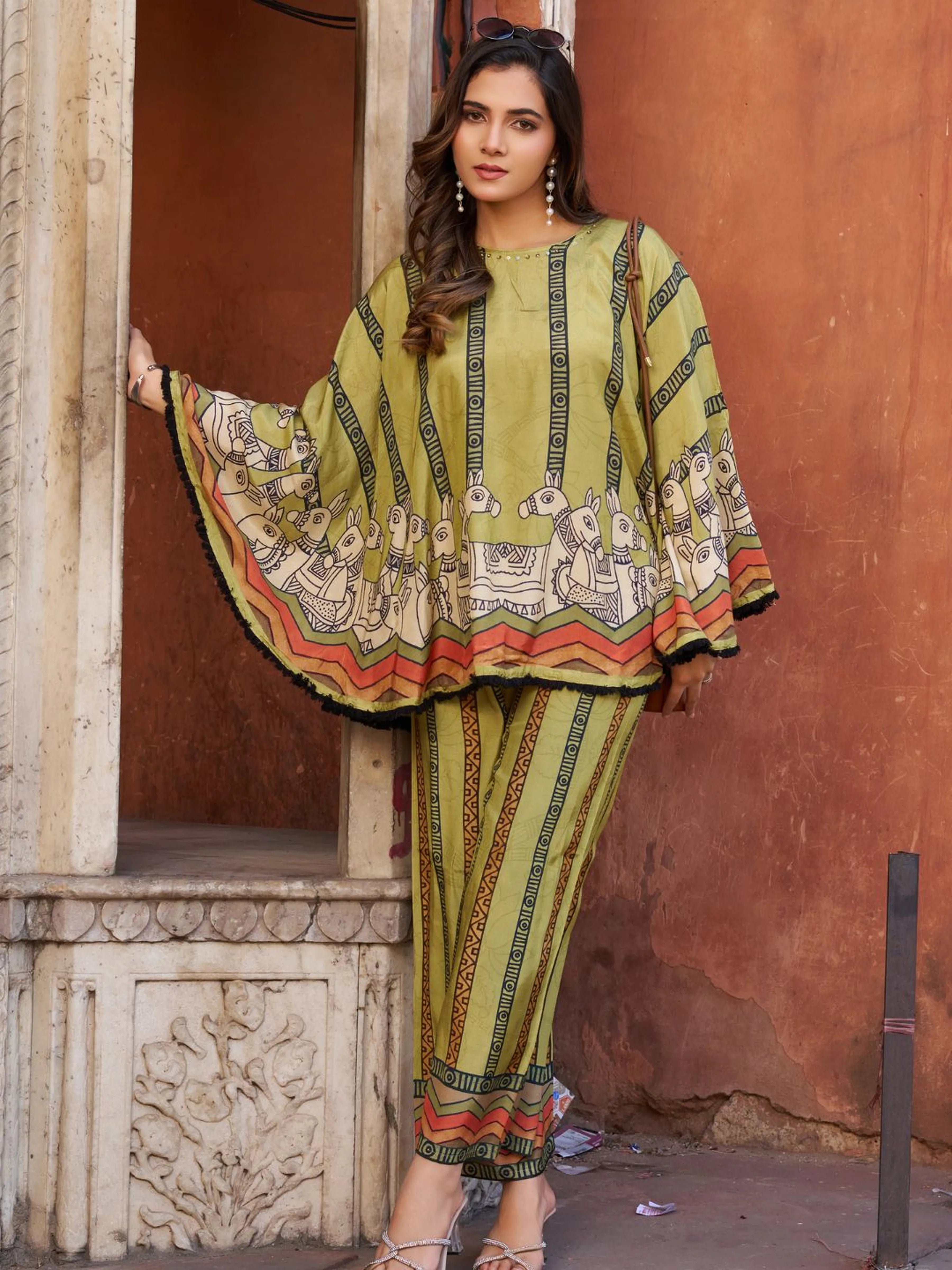 Green Horse Motif Printed Co-ord Set in Viscose Silk