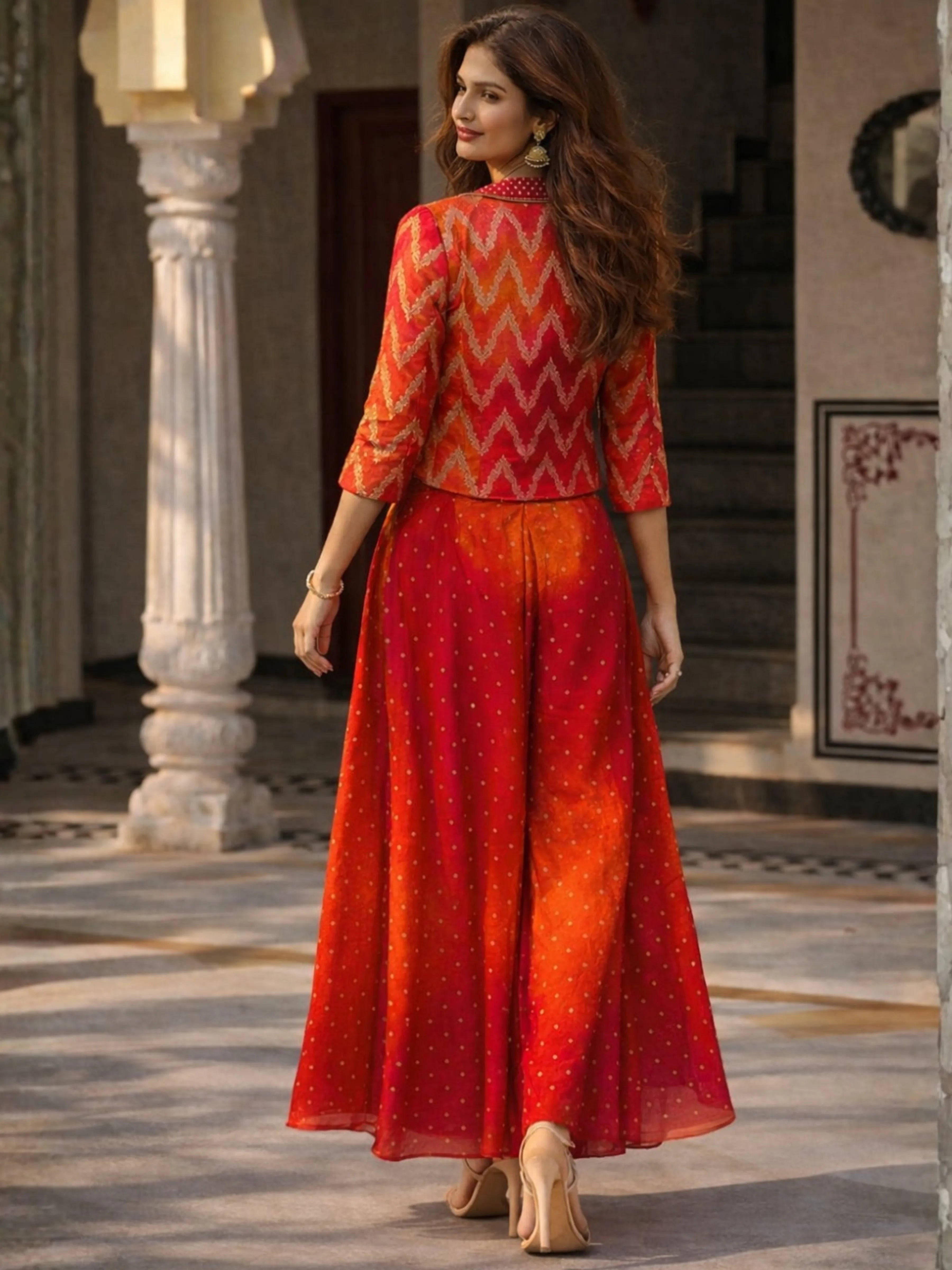Crimson Orange Ombre Banarasi Brocade Three-Piece Set with Embellished Jacket & Bustier