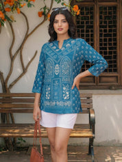 Indigo Geometric Floral Print Muslin Kurti