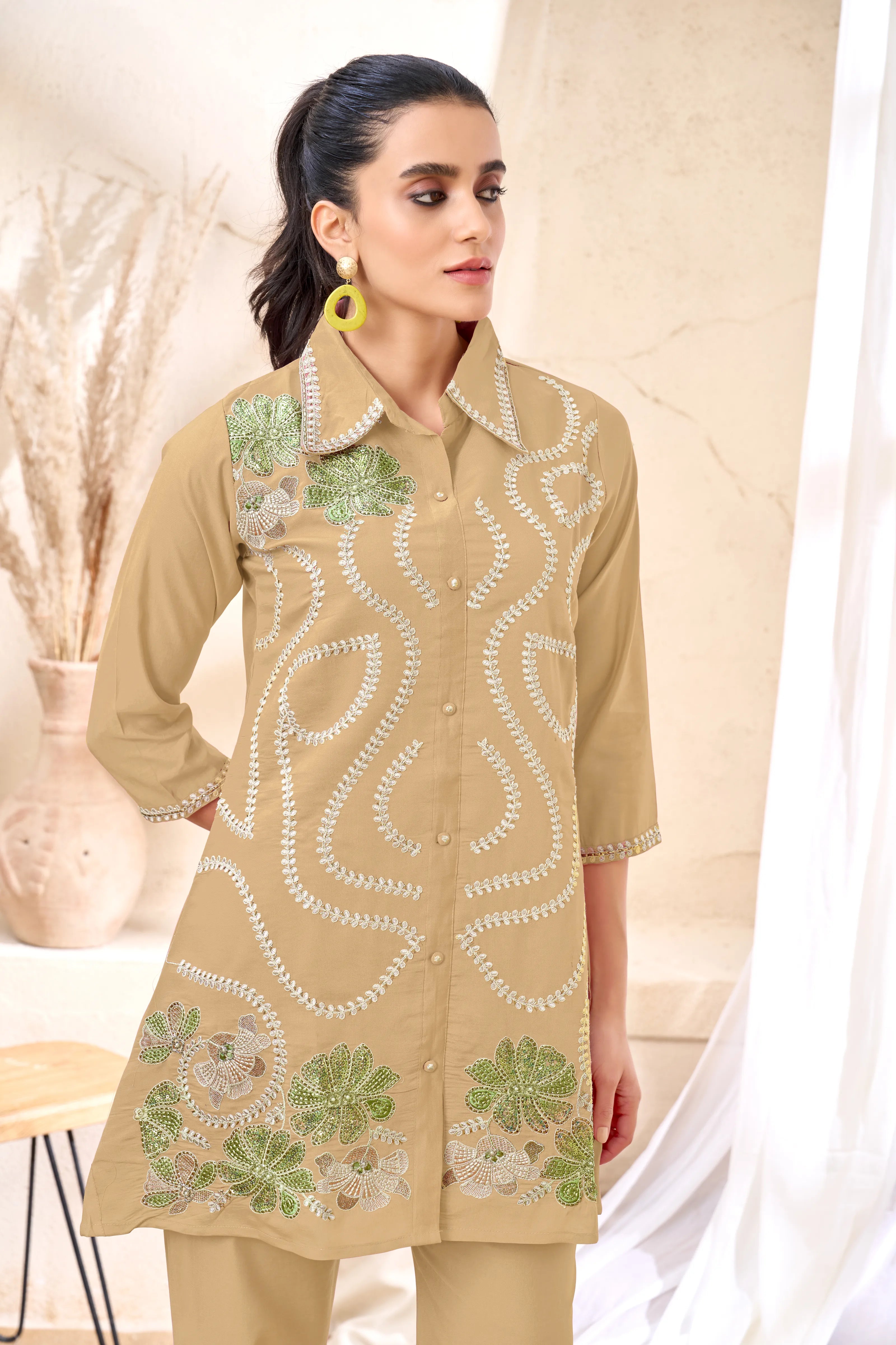 Embroidered Beige Co-Ord Set