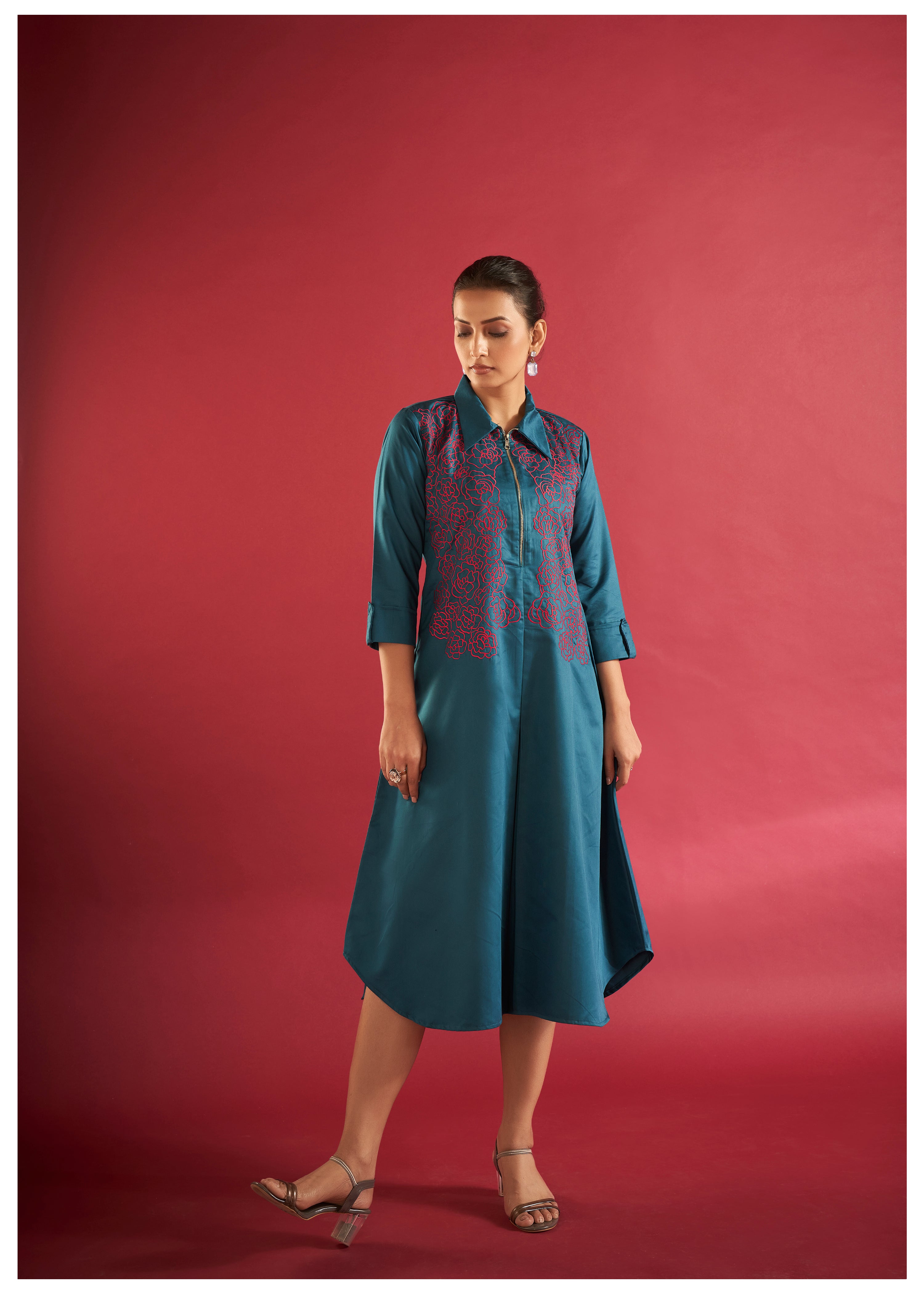 Teal Blue Embroidered Thread Work Poplin Dress