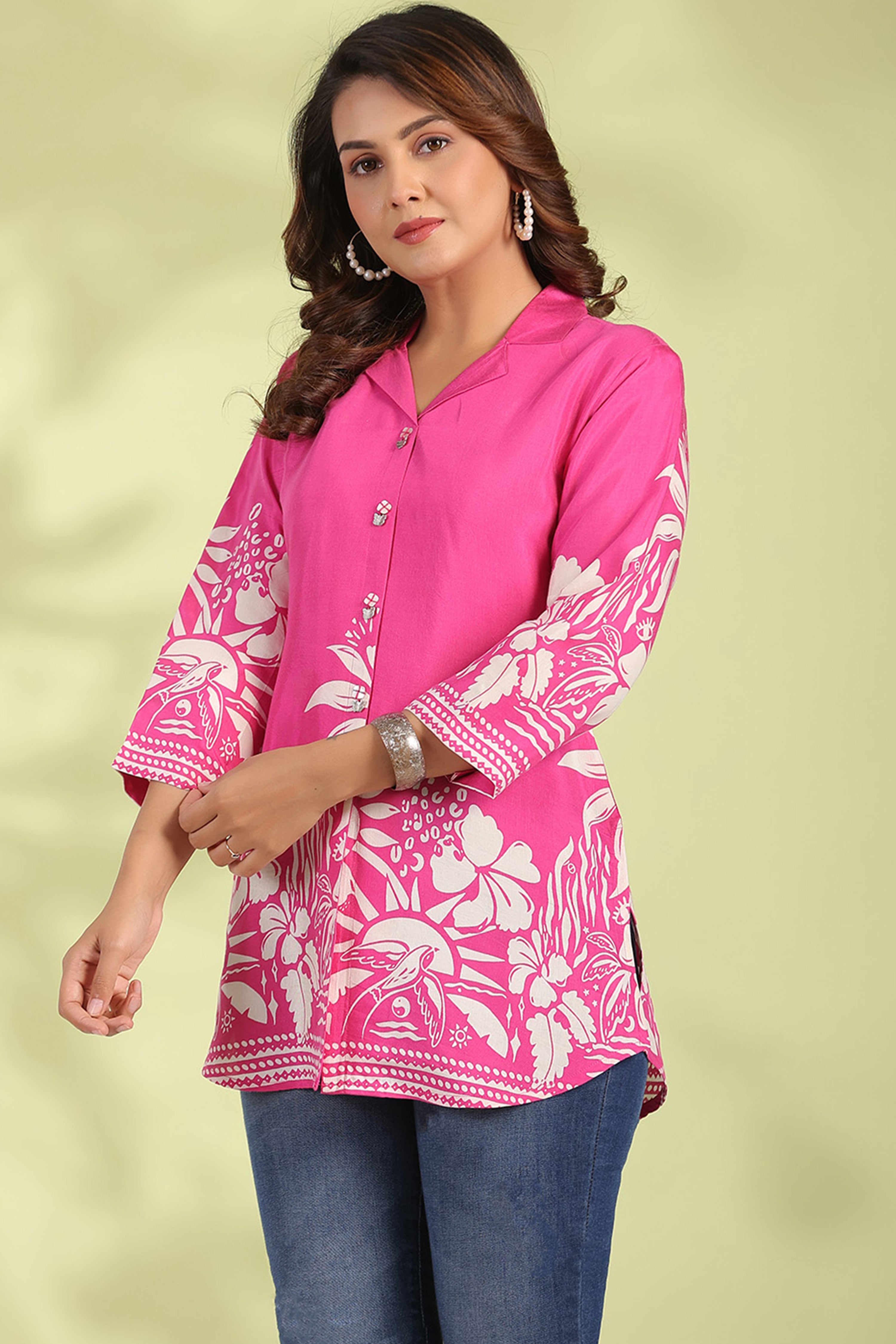 Hot Pink Floral Printed Russian Silk Top