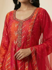 Crimson Orange Ombre Banarasi Brocade Kurti Set with Dupatta Golden Lurex & Tassel Tie-Back