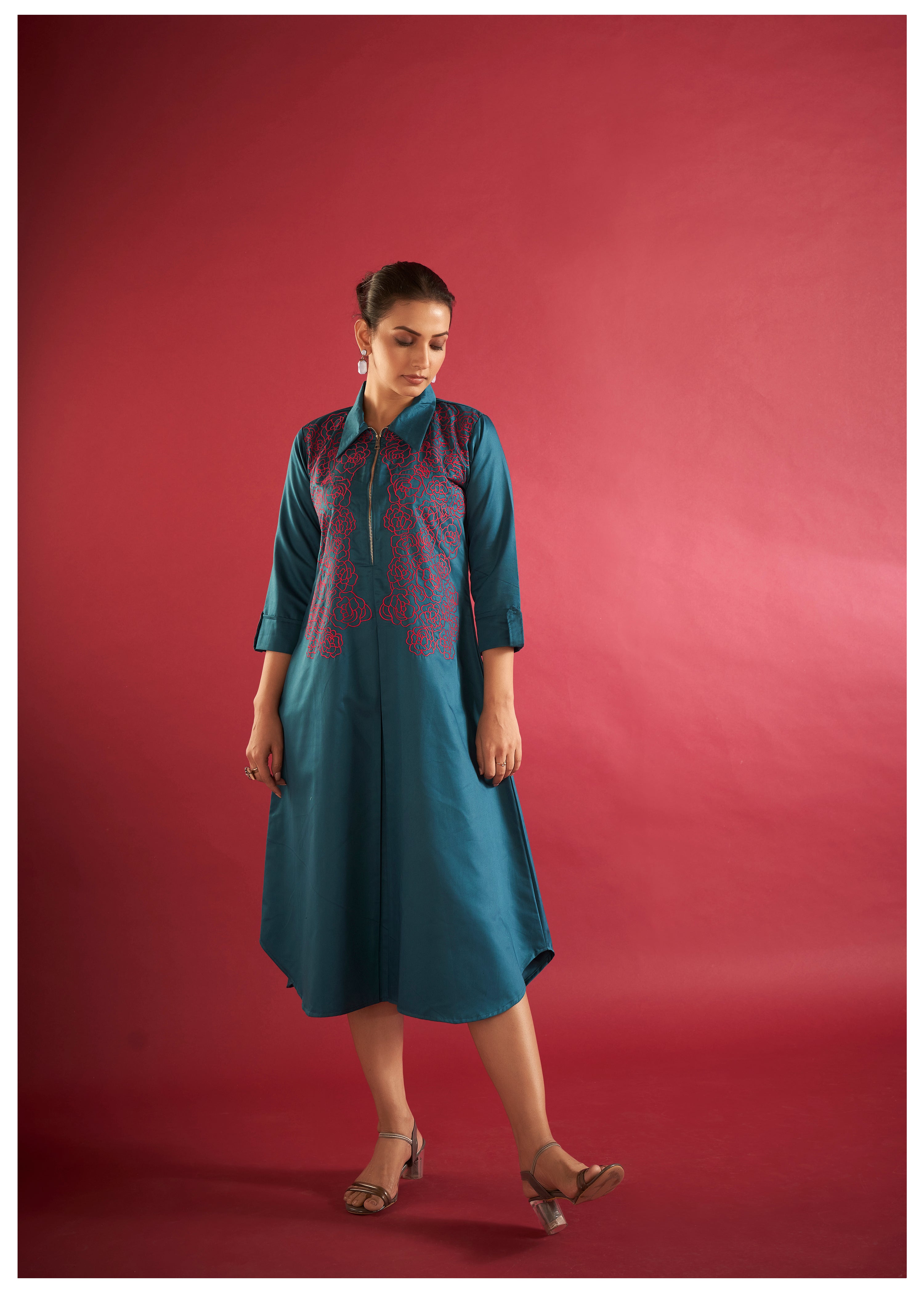 Teal Blue Embroidered Thread Work Poplin Dress