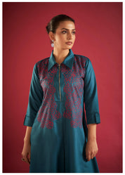 Teal Blue Embroidered Thread Work Poplin Dress