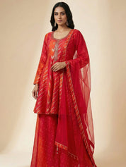 Crimson Orange Ombre Banarasi Brocade Kurti Set with Dupatta Golden Lurex & Tassel Tie-Back