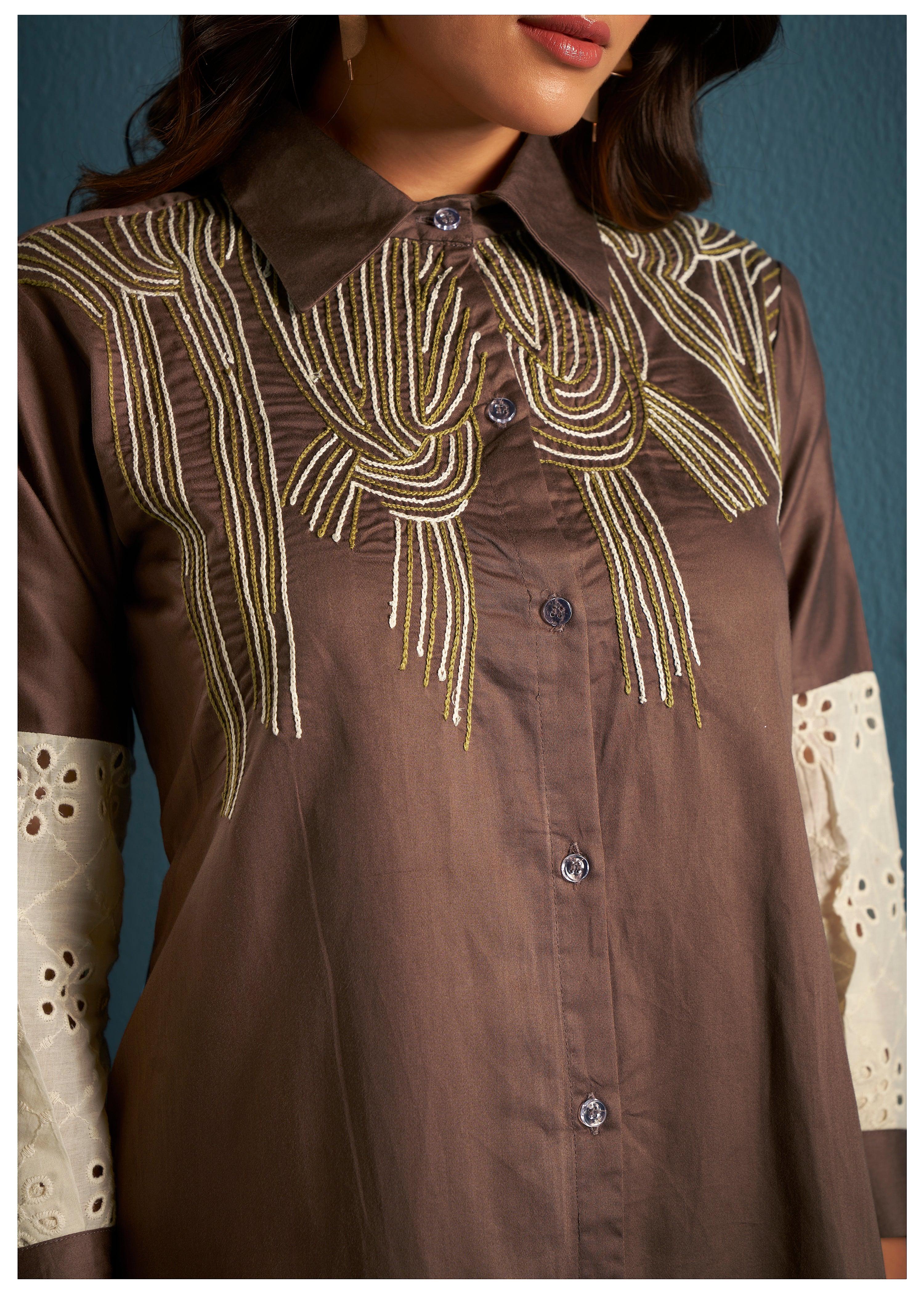 Elegant Brown Cotton Satin Embroidery And Schiffli Detail Tunic Set