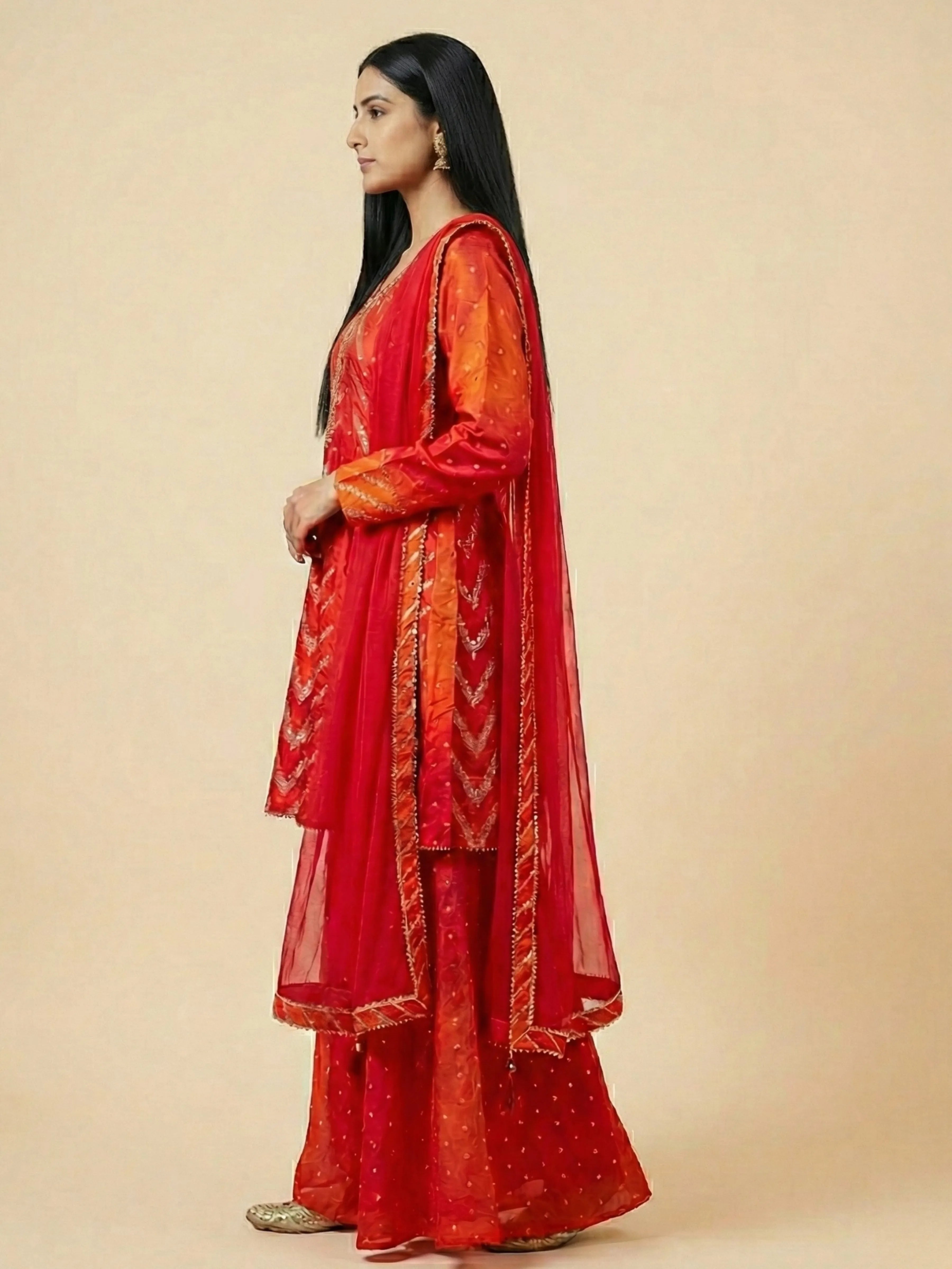 Crimson Orange Ombre Banarasi Brocade Kurti Set with Dupatta Golden Lurex & Tassel Tie-Back