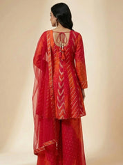 Crimson Orange Ombre Banarasi Brocade Kurti Set with Dupatta Golden Lurex & Tassel Tie-Back