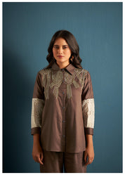 Elegant Brown Cotton Satin Embroidery And Schiffli Detail Tunic Set