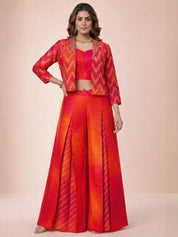 Crimson Orange Ombre Banarasi Brocade Three-Piece Set with Embellished Jacket & Bustier