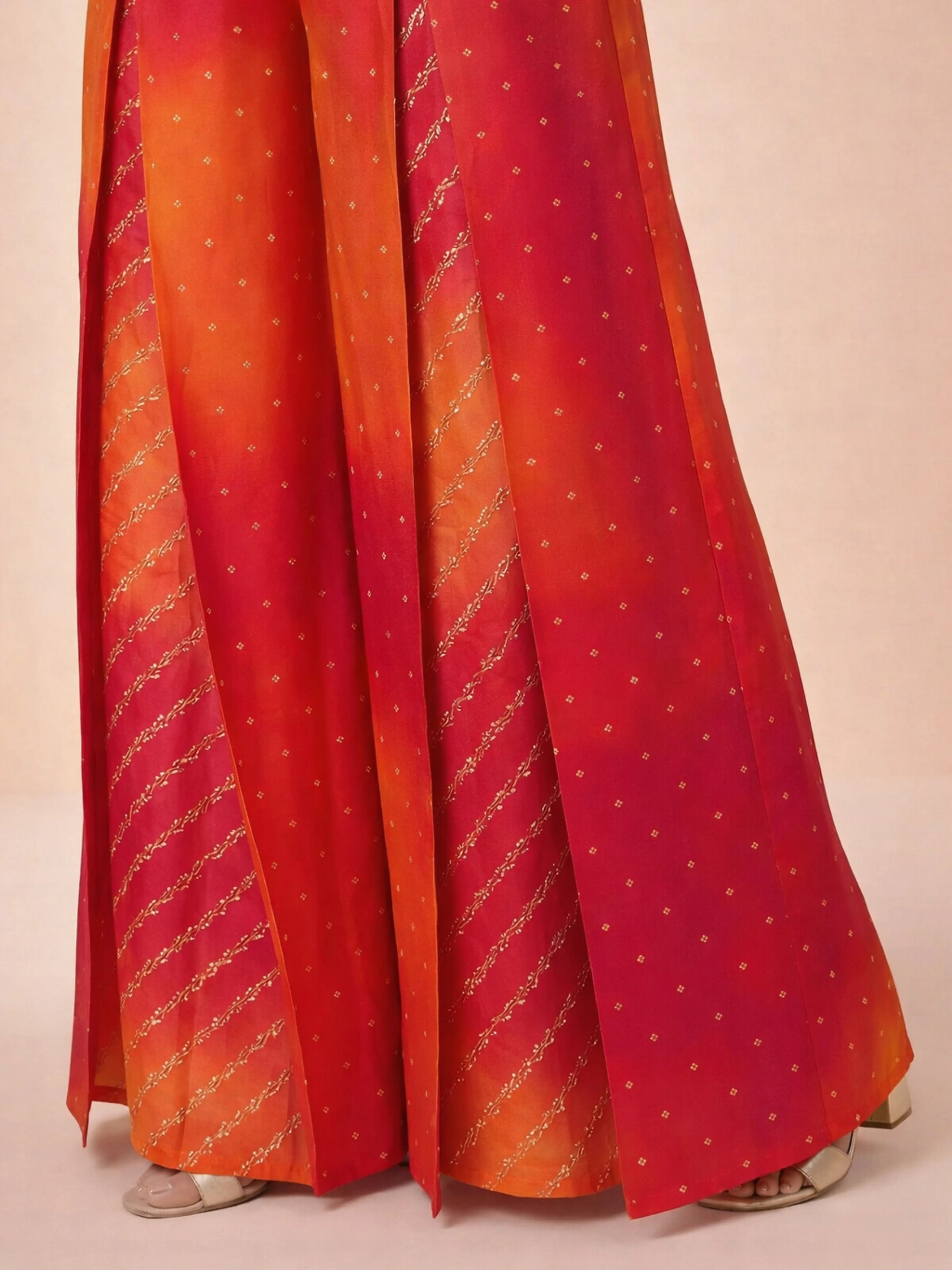 Crimson Orange Ombre Banarasi Brocade Three-Piece Set with Embellished Jacket & Bustier