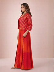 Crimson Orange Ombre Banarasi Brocade Three-Piece Set with Embellished Jacket & Bustier