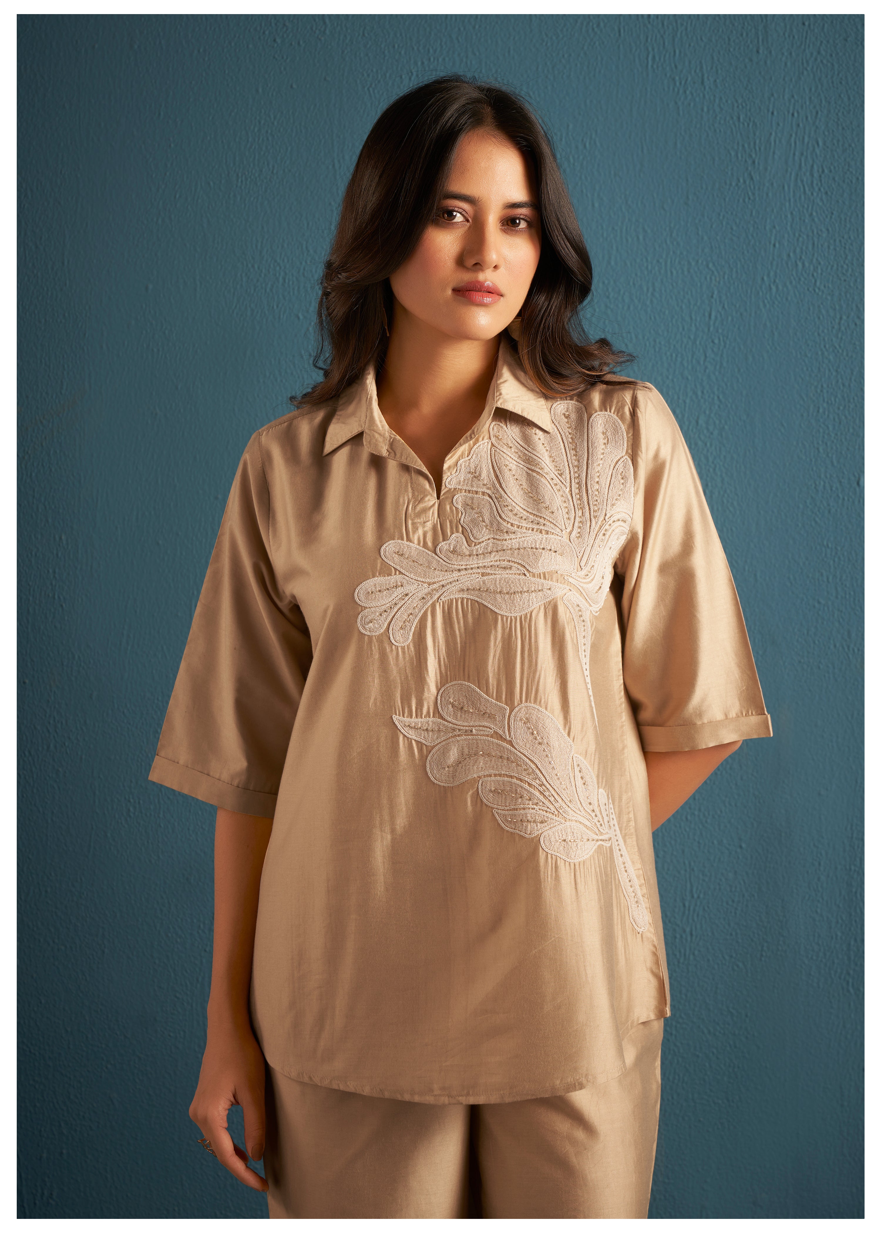 Beige Embroidery With Embellishments Collar Tunic Set