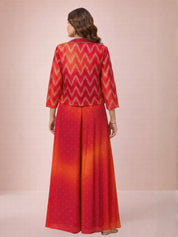 Crimson Orange Ombre Banarasi Brocade Three-Piece Set with Embellished Jacket & Bustier