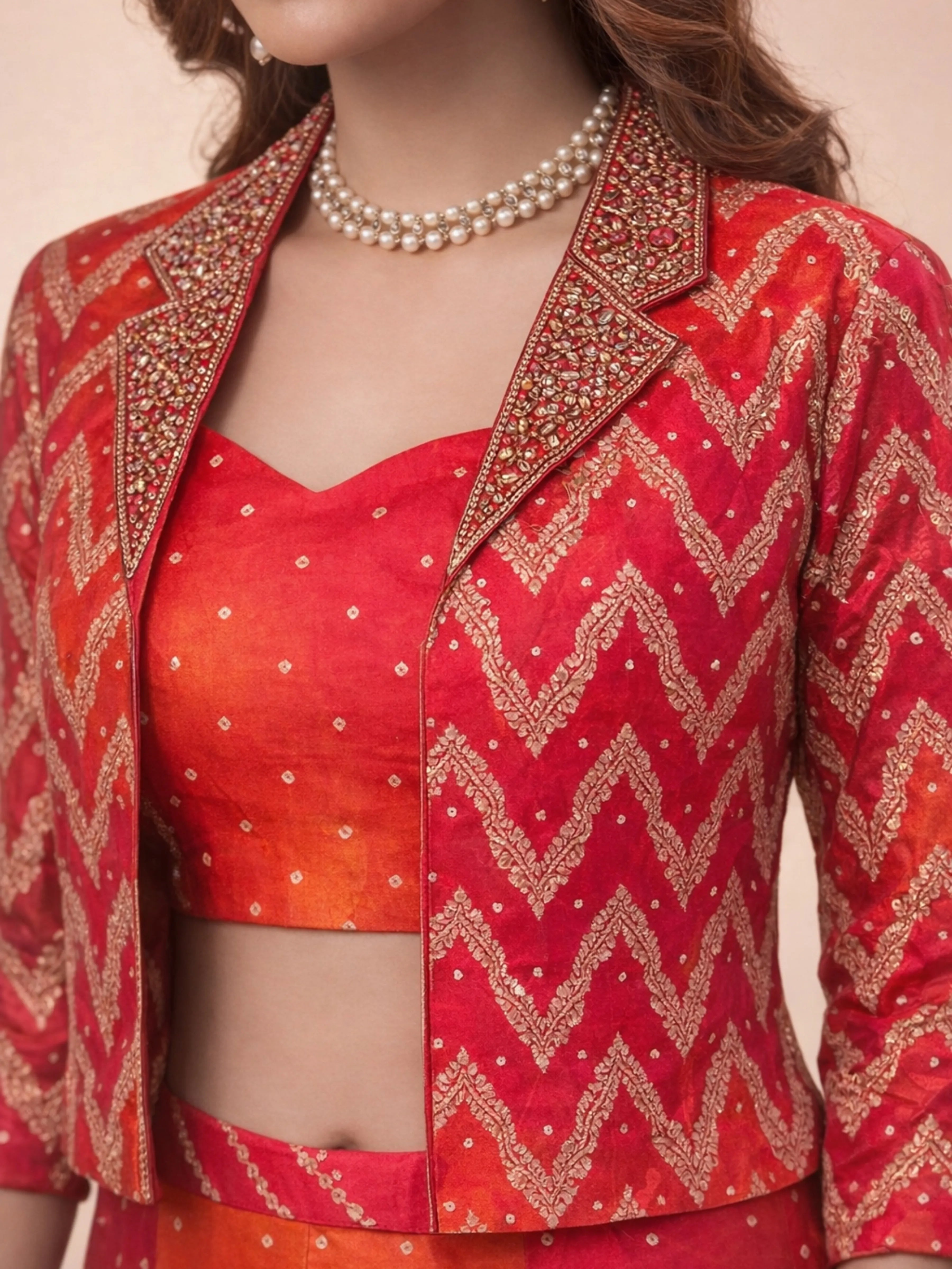 Crimson Orange Ombre Banarasi Brocade Three-Piece Set with Embellished Jacket & Bustier