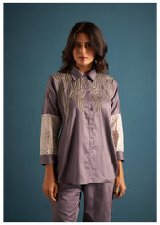 Elegant Mauve Cotton Satin Embroidery And Schiffli Detail Tunic Set