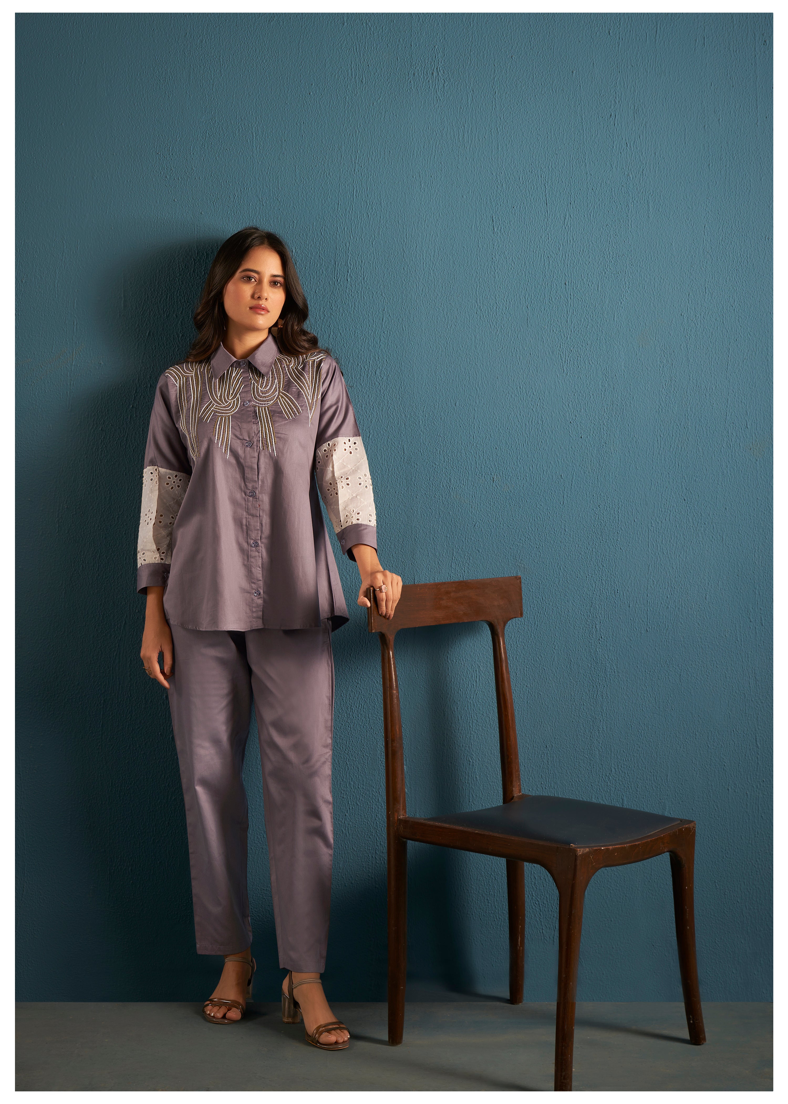 Elegant Mauve Cotton Satin Embroidery And Schiffli Detail Tunic Set