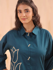 Teal Blue Cotton Co-ord Set with Rosebud Piping Embroidery