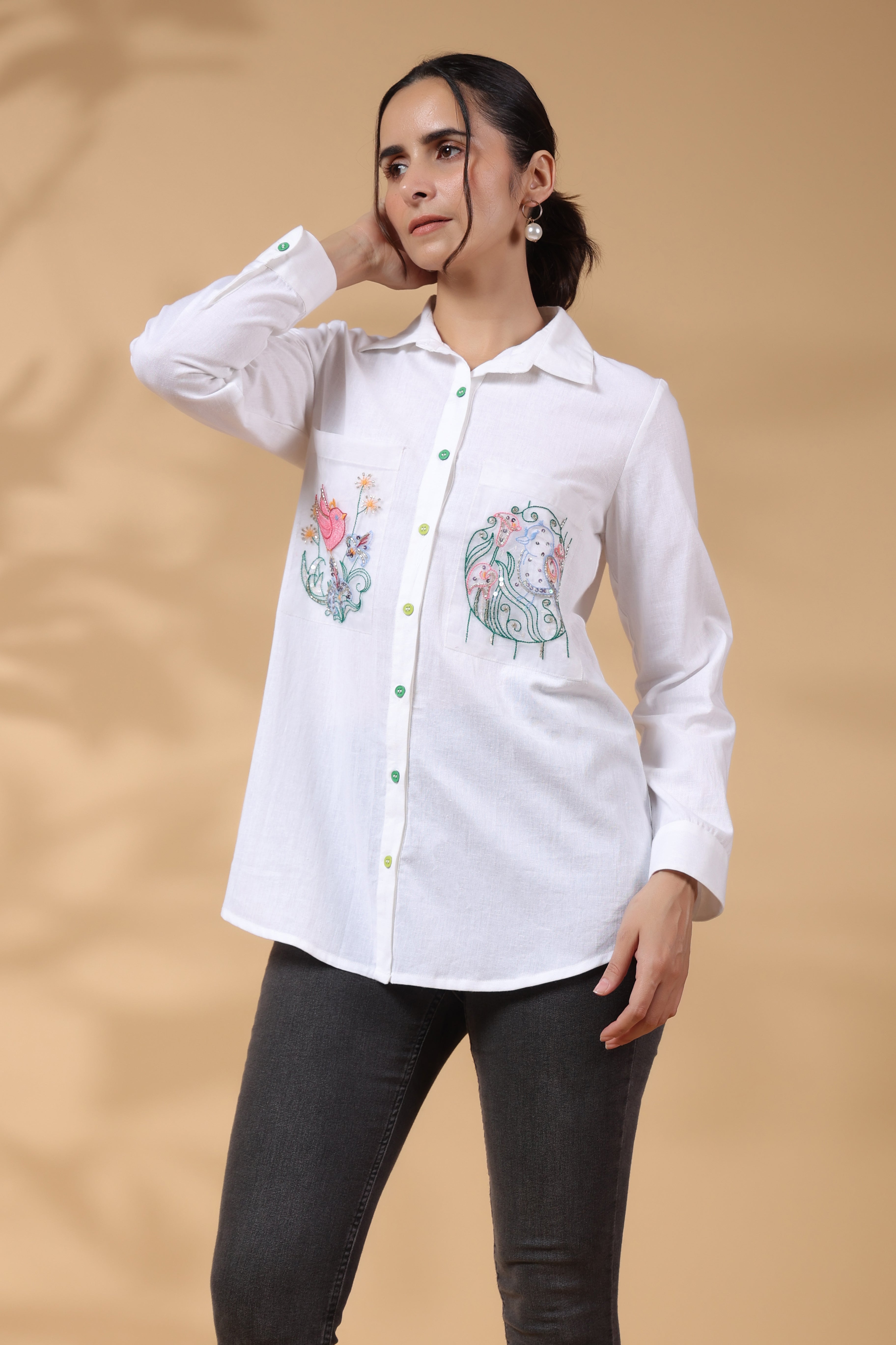 White Cotton Flex Shirt with Embroidered