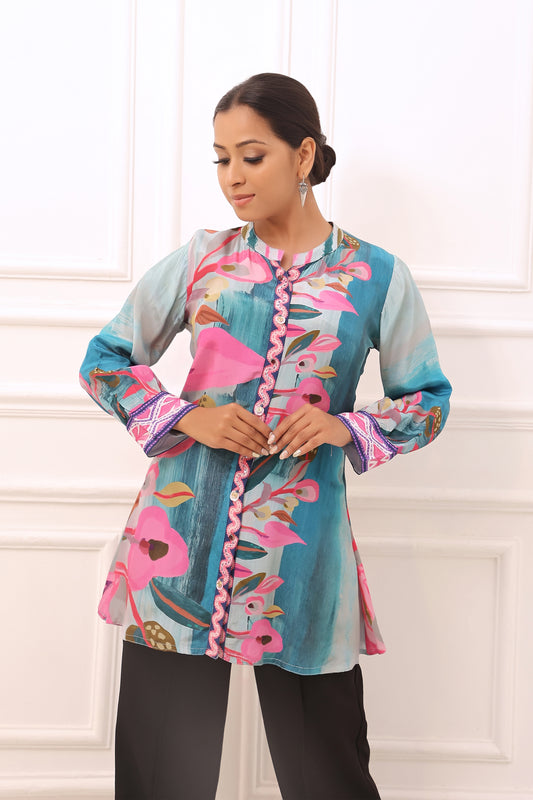 Blue & Pink Tunic With Floral Print