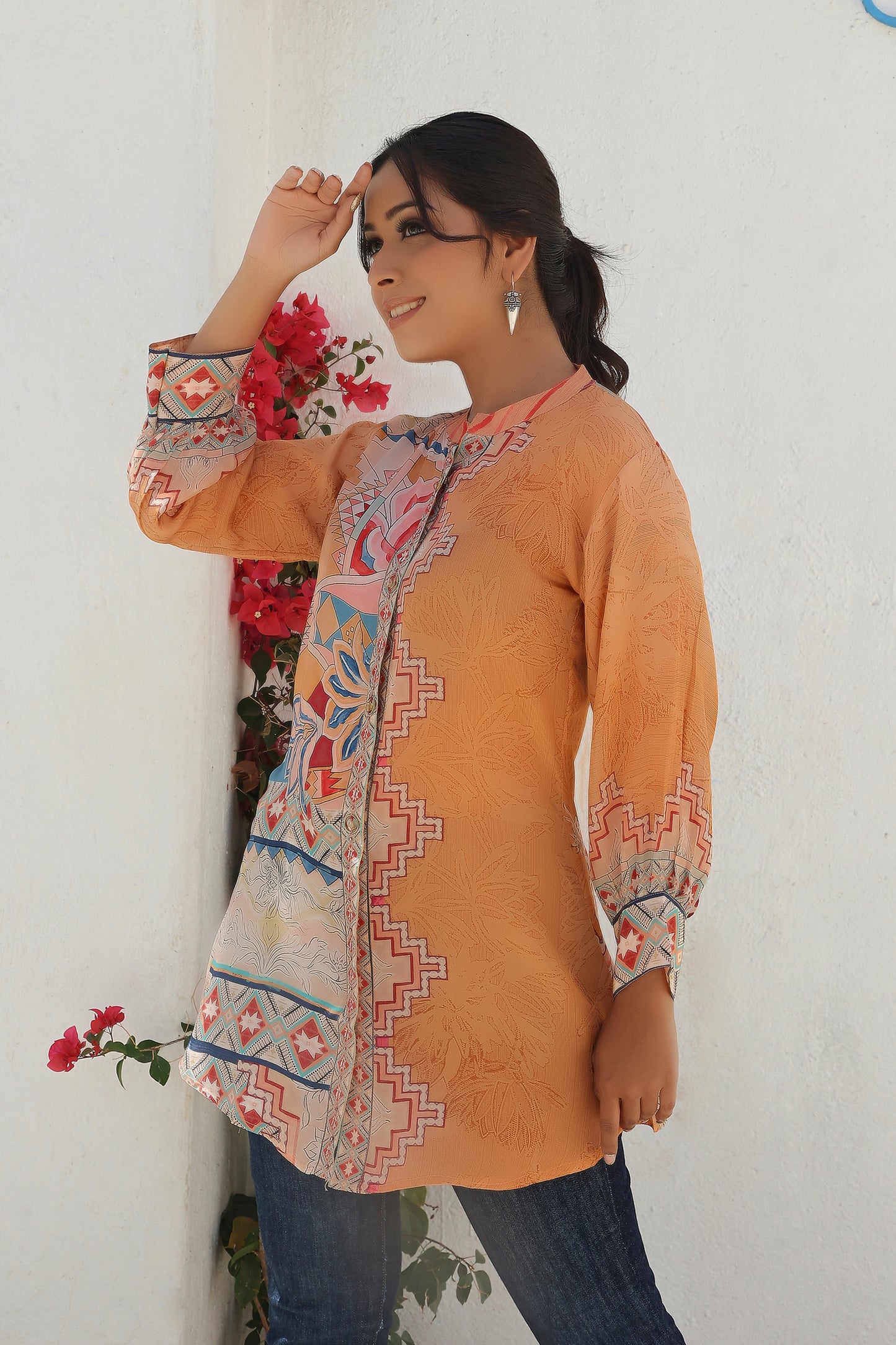 Orange Muslin Tunic With Geometric & Floral Print