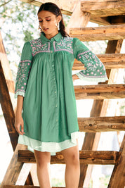 Green Embroidered Cotton Cambric Short Dress