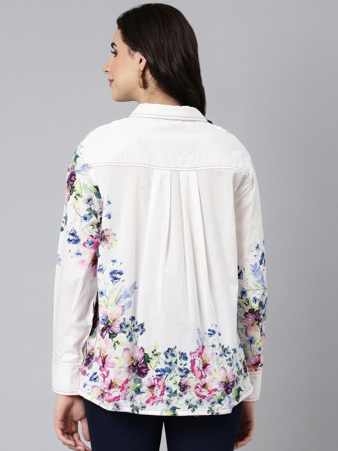 White Cotton Cambric Full-Sleeve Shirt with Patch Print