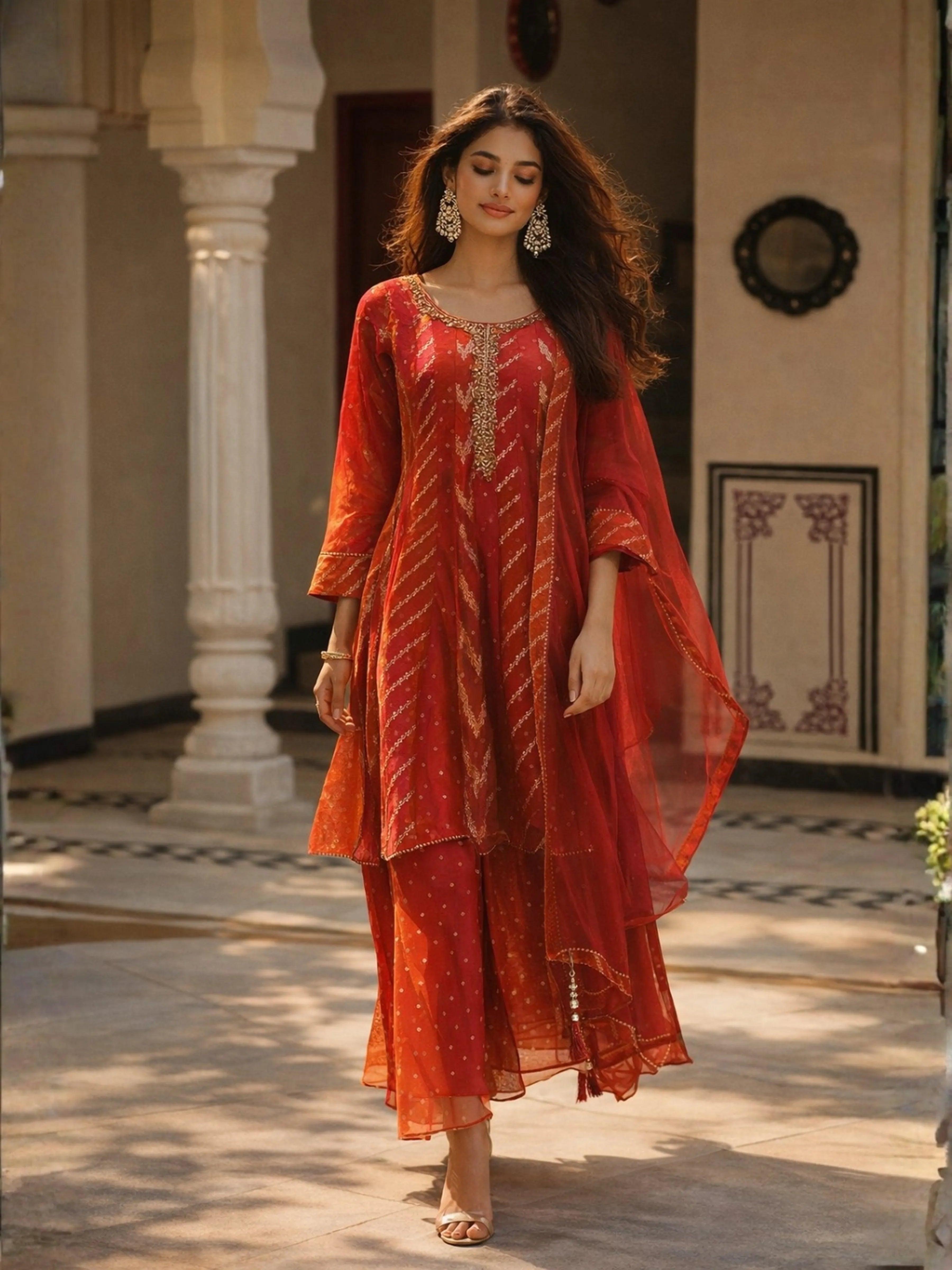 Crimson Orange Ombre Banarasi Brocade Kurti Set with Dupatta Golden Lurex & Tassel Tie-Back